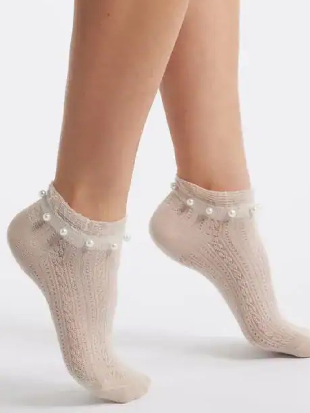 STEMS WOMENS POINTELLE ANKLE SOCKS PEARL TRIMMED BEIGE OS NWT